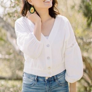 Mara White Balloon Balloon Sleeve Crop Cardigan